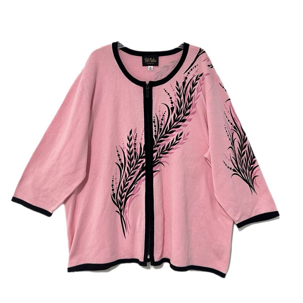 Bob Mackie Wearable Art Cardigan 2X Full Front Zip Floral Pink Black 3/4 Sleeve